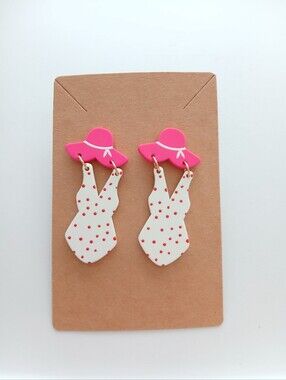 Fashion Jewelry Pink Hat & White Polka Dot Swimsuit Earrings
